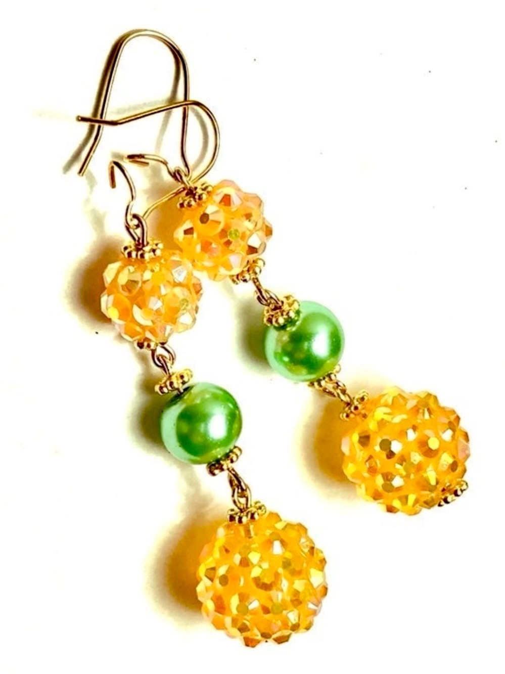 AB Sun Yellow Double Shambala Disco Ball and Green Pearl Dangle Earrings Festive
